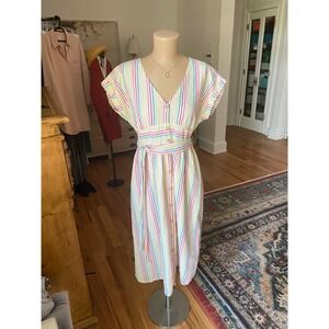 LOFT Rainbow Stripe Seersucker Button Front Midi Dress Petite 10P Multi Color